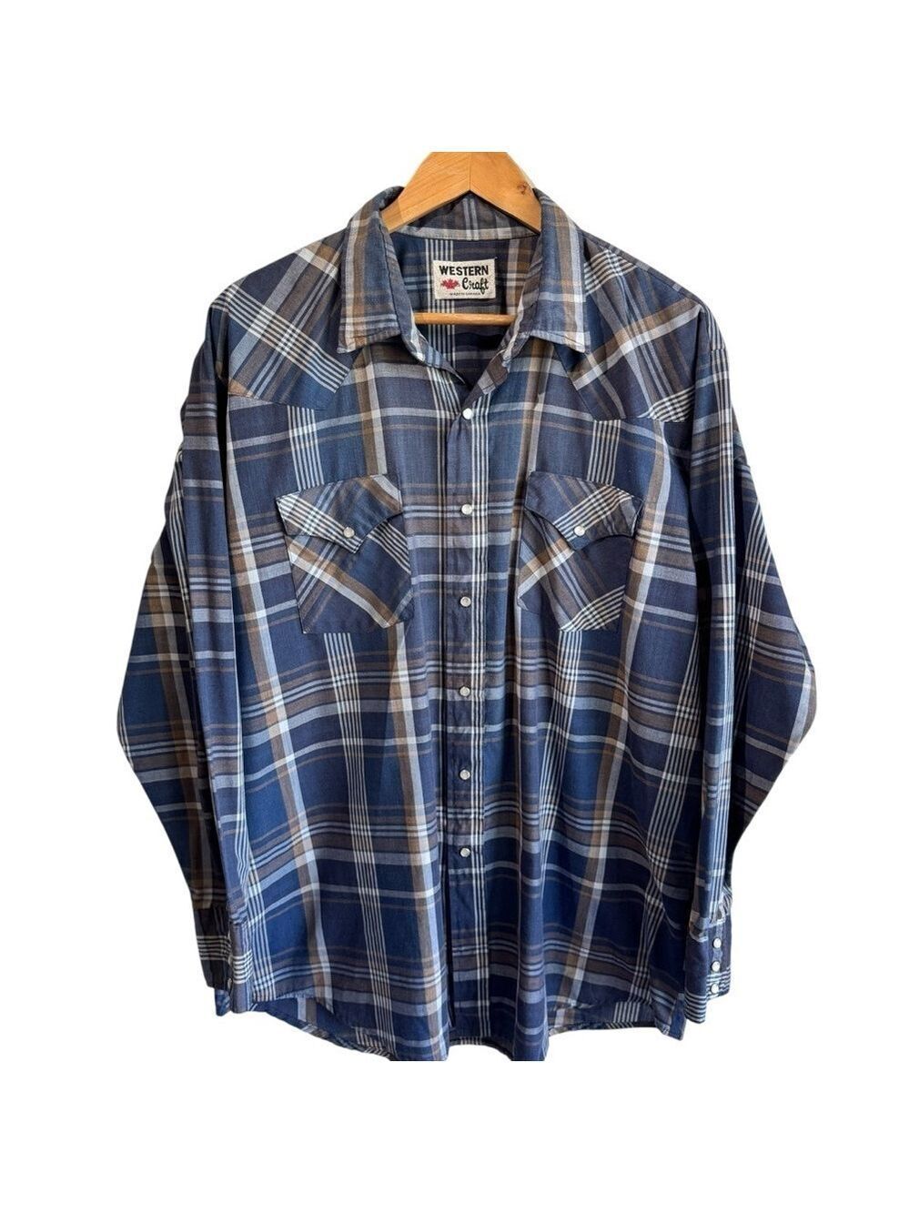 Vintage Western Pearlsnap Shirt 3XL Blue Plaid Lightweight Long Sleeve Rodeo EUC